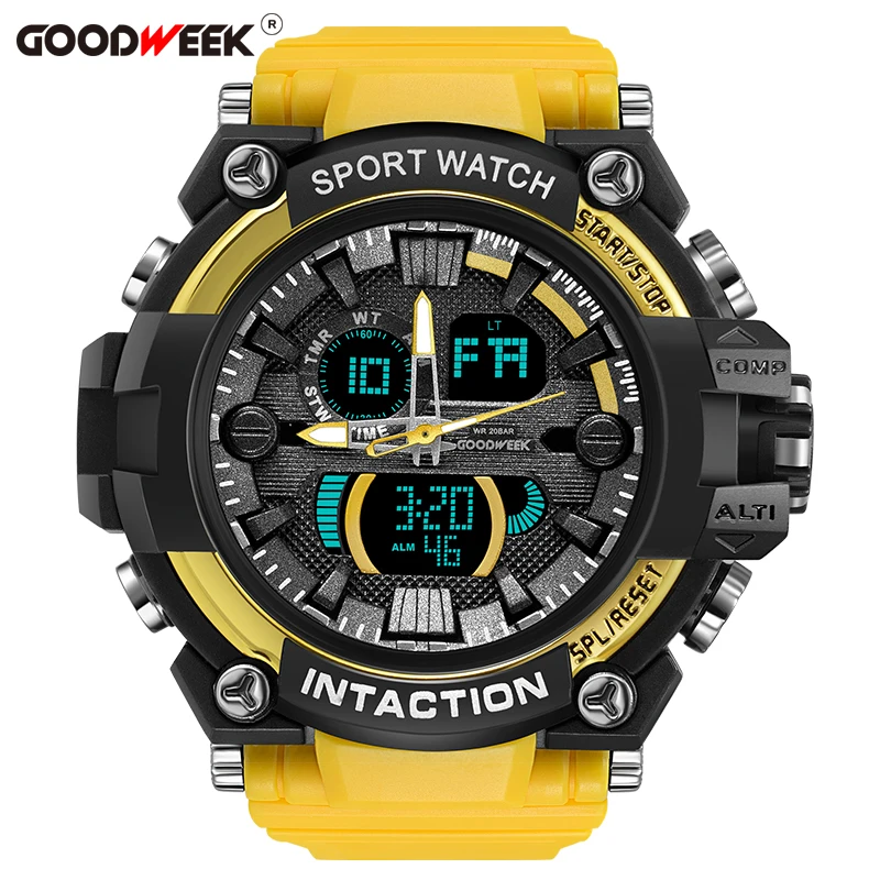 GOODWEEK Luxury Men Sport Watch Waterproof Digital Quartz Watches Men's Multi-functional Dual Display Watches Relogio Masculino - Цвет: orange