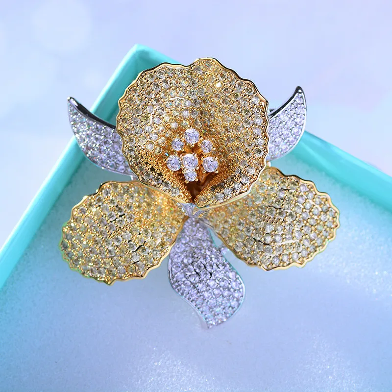 OKILY Luxurious Cubic Zirconia Orchid Flower Brooch Pin Delicate Rhinestone Floral Pins and Brooches for Women Valentine's Gift