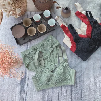 

Ultra-thin cup zero pressure bra & underpants set smooth non-steel ring big U gathered lingerie briefs wide shoulder underwear