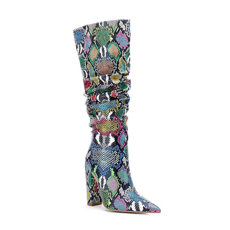 WETKISS/Сапоги до середины голени женские сапоги на высоком каблуке Женская красочная змея кожа pu обувь женская обувь с острым носком для вечеринок зима - Цвет: colorful