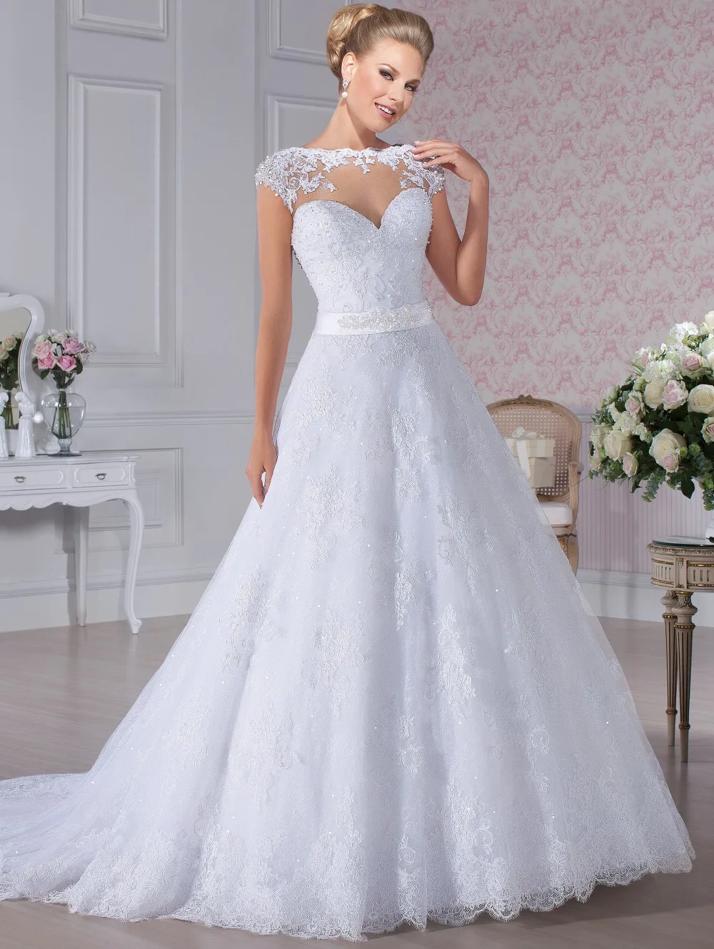 

Custom made princess lace beading romantic wedding dress 2015 new fashion vestido de noiva renda dress bride free shipping H32