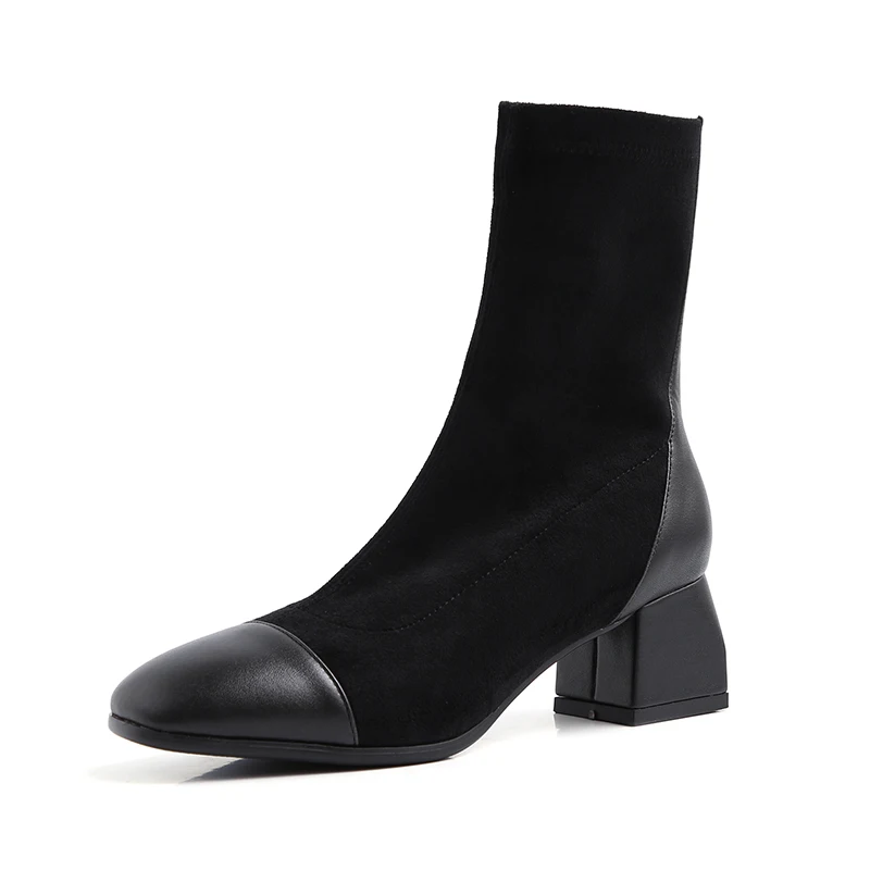 Новая женская обувь ботильоны на высоком каблуке без шнуровки зимние эластичные носки элегантная обувь на высоком квадратном каблуке Женская обувь, большие размеры 32-43