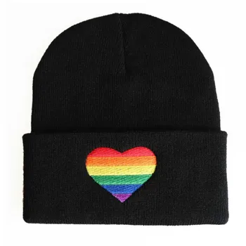 

Embroidery Colorful Love Shape Winter Hat Outdoor Earflap Rainbow Heart Knitted Skullies Beanie Streetwear Hip Hop Warm Ski Cap