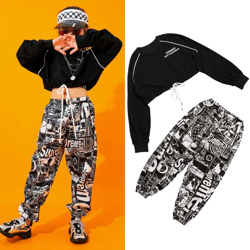2pcs Костюм для джазового танца для мальчиков, костюм для уличного танца, детская одежда в стиле хип-хоп для девочек, черные топы, штаны с принтом, 2 предмета, одежда для сцены, DQS2980 - Цвет: 2pcs