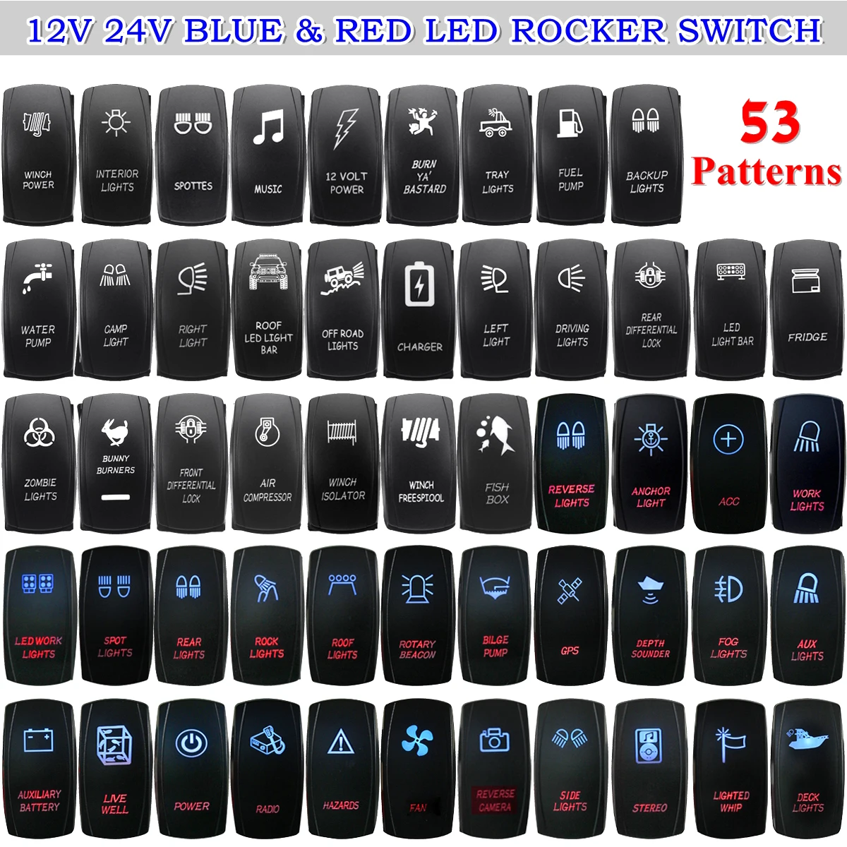 STARK 5-PIN Laser Etched LED Rocker Switch Dual Light STEREO 20A 12V ON/OFF Blue 