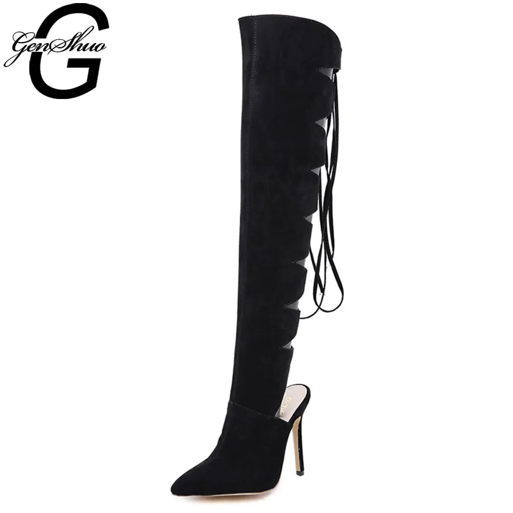 

GENSHUO Summer Booties Sexy Over The Knee Women Boots Pointed Toe High Heels Back Lacing Party Shoes Slingback Stilettos Pumps