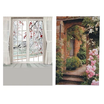 

2 Pcs 3X5FT Photography Backdrop: 1Pcs Blossom Flower Window Curtain Backdrop & 1Pcs Pink Rose Brick Arch Door Backdrop