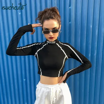 

SUCHCUTE Letter Print Female T-Shirt Reflective Modis Longslive Streetwear Casual Black Shirts 2019 Korean Style Tops For Women