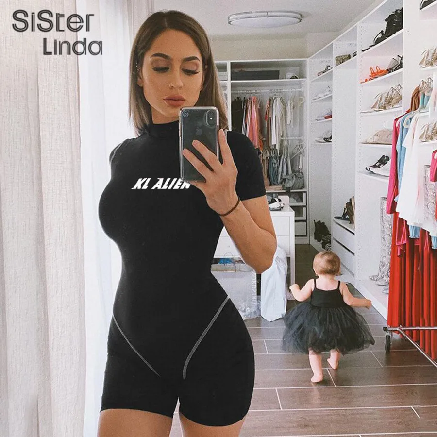 Sisterlinda облегающее боди Женский базовый с коротким рукавом костюм Светоотражающий с буквенным принтом Комбинезоны женские с оборками в полоску облегающий боди