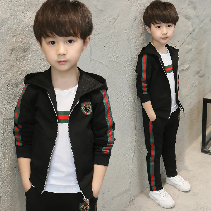 

BB New Style Korean-style Kids' Overcoat Autumn Clothing Three-piece Set Big Boy Warm Casual Hoodie Suit