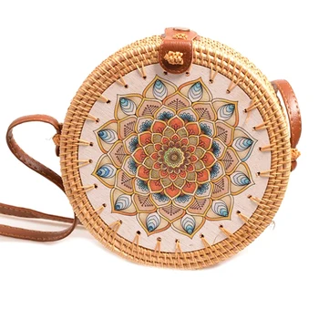 

AUAU-Rattan Round Tote Basket Women Handbag Woven Rattan Bag Shoulder Bag
