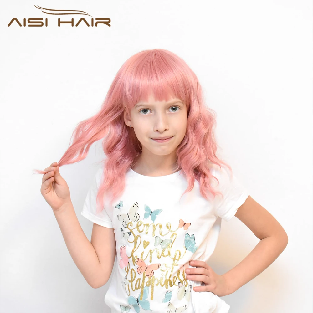 

AISI HAIR New Design 26 Inch Pink Synthetic Wig With Bangs Short Wavy Bob Wigs For Black Women Top Quality Cosplay Wigs