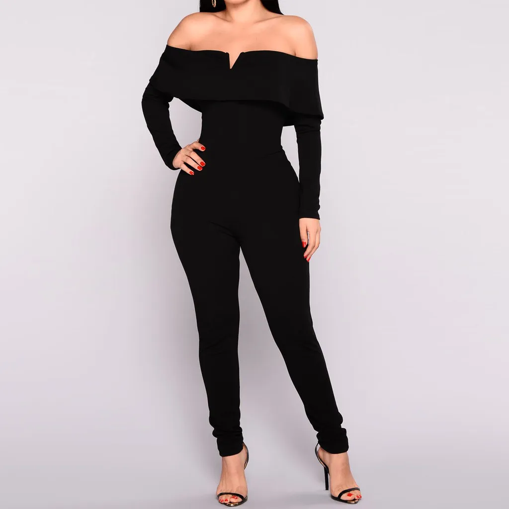 

Black Elegant Office Lady Solid Off Shoulder Long Sleeve Ruffle Skinny Jumpsuit Long Sleeve Fold Leotard Going Out Romper Women