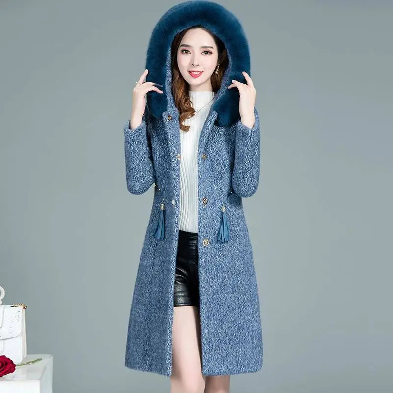 Women Autumn Winter Imitation Mink Cashmere Knitted Cardigan With Faux Fur Collar Sweaters Female Casual Hooded Outwear H74
