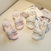 

Princess Women's Shoes New Children's Bow-Knot Open-Toe Sandals Korean Flat-Bottom Girls Pearl Princess Shoes Beach Shoes