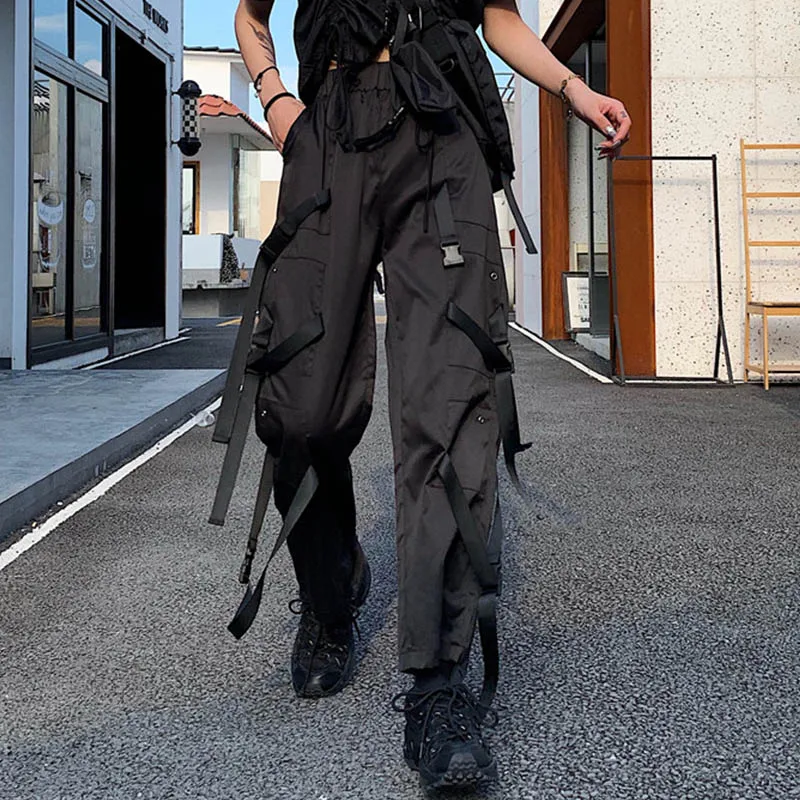 Панк Черные крутые женские штаны карго лента с пластиковой пряжкой Женские Карманы Рок открытый карман длиной до щиколотки прямые брюки - Цвет: black