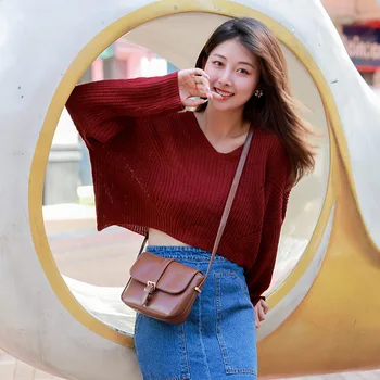 

Short Red Sweater Women's Autumn And Winter Outer Wear Hipster V-neck Women's Loose Version Pullover INS Students College Style