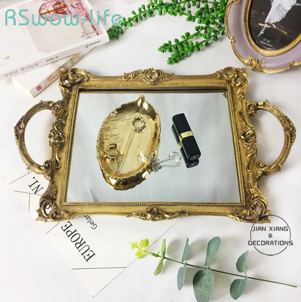 

41*28cm Retro Gold Mirror Metal Trays Rectangular Resin Home Decorations Ornaments Food Tray Serving Tray For Home Storage