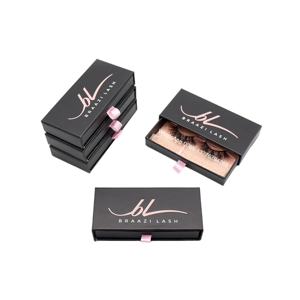 Black Rectangular Drawer Eyelash Box Fluffy Mink Eyelashes Wholesale