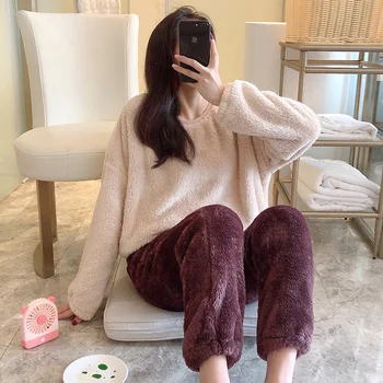 

Plus Velvet Thick Solid Color Warm Women Coral Fleece Pajamas Set Long Sleeve Young Pyjamas Velvet Top Women Elastic Outwear