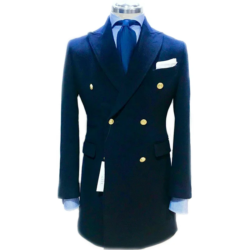 

Navy Wool Mens Long Overcoat 2020 New Casual Woolen Jacket Wedding Tuxedos One Piece Costume Homme Mariage Peaky Blinders