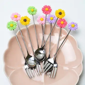 

Dinnerware Set Stainless Steel Cutlery Flower Decoration Dinner Fruit Fork Stirring Spoon Silverware Set Kitchen Tableware Set