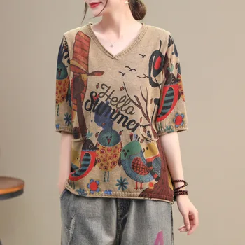 

Vintage Ruched Half-sleeve Sweater Women's Loose Large Tees Cartoon Printed Cotton Tees And Pullovers V Neck Retro Summer Top