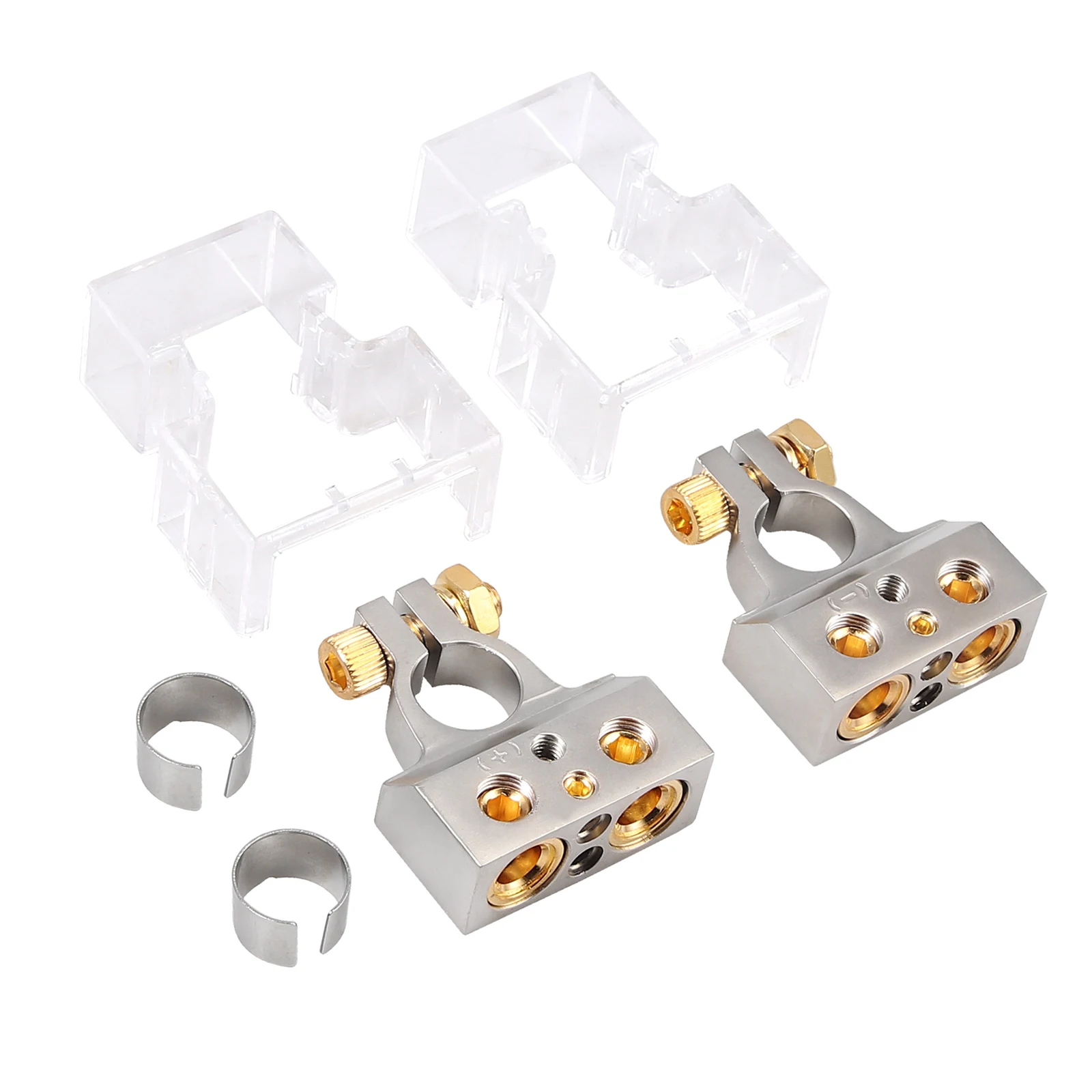 AUTOUTLET 2PCS Car Battery Terminal Connectors Kit with Voltmeter,0/4/8/10 Gauge AWG Positive Negative Battery Post Clamp and Shims with Clear Covers 