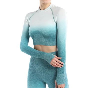 

COLORVALUE Pink long sleeves ombre gym crop top with thumb hole orange workout yoga shirts sexy activewear cropped sport top