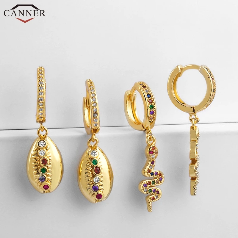 

Rainbow Zircon Sea Shell Earrings for Women Gold Circle Drop Earrings 2019 Colorful CZ Crystal Snake Earings Fashion Jewelry H40