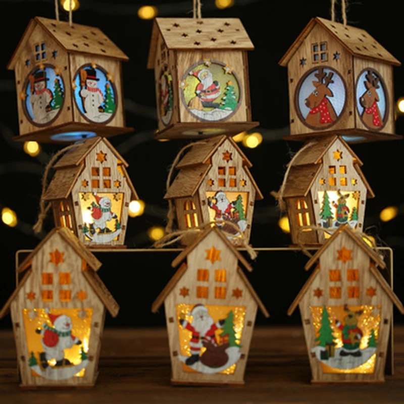 

DIY Led Light Wooden House Xmas Tree Hanging Ornaments New Year Desktop Decorations Home Door Wall Fairy Light Drop Pendant Gift