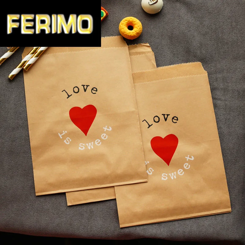 25pcs Kraft Paper Bags for Gifts Love Is Sweet Flat Paper Gift Bags
