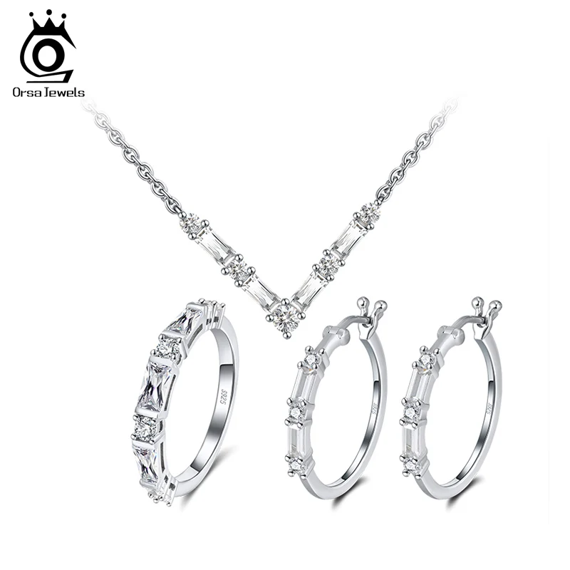 

ORSA JEWELS Exquisite 925 Silver Jewelry Set AAAA Zircon with Necklaces Rings Earrings Jewelry Female Wedding Party Gift OSS54