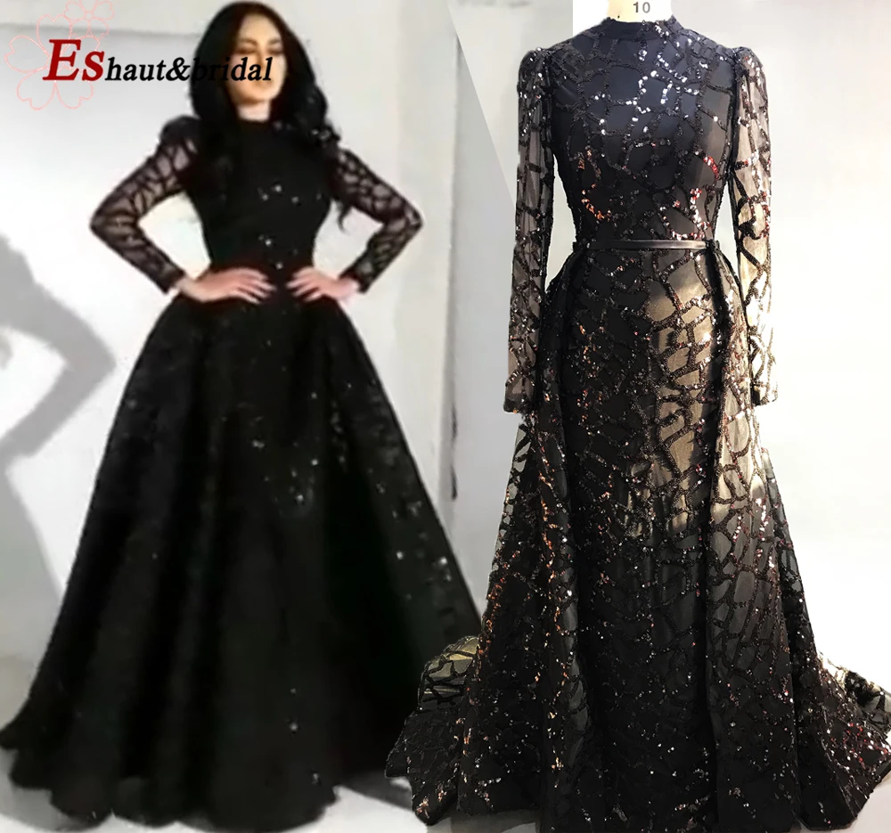 

2019 Dubai Black/Burgundy Sequins Mermaid Evening Dress Long Sleeves High Neck Detachable Cape Prom Party Gowns