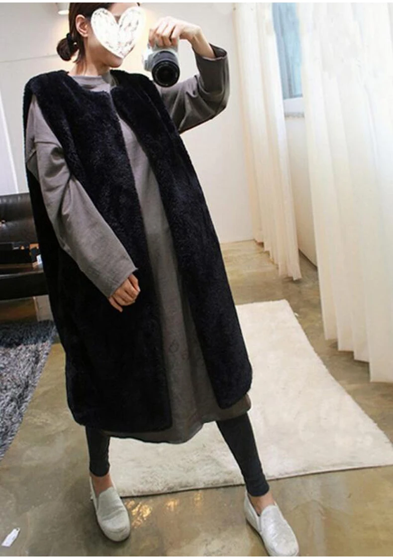 new Autumn Winter Plush Vest Long Imitation Rabbit Fur Grass Black Vest Jacket Women Winter Coat Overcoats N1154