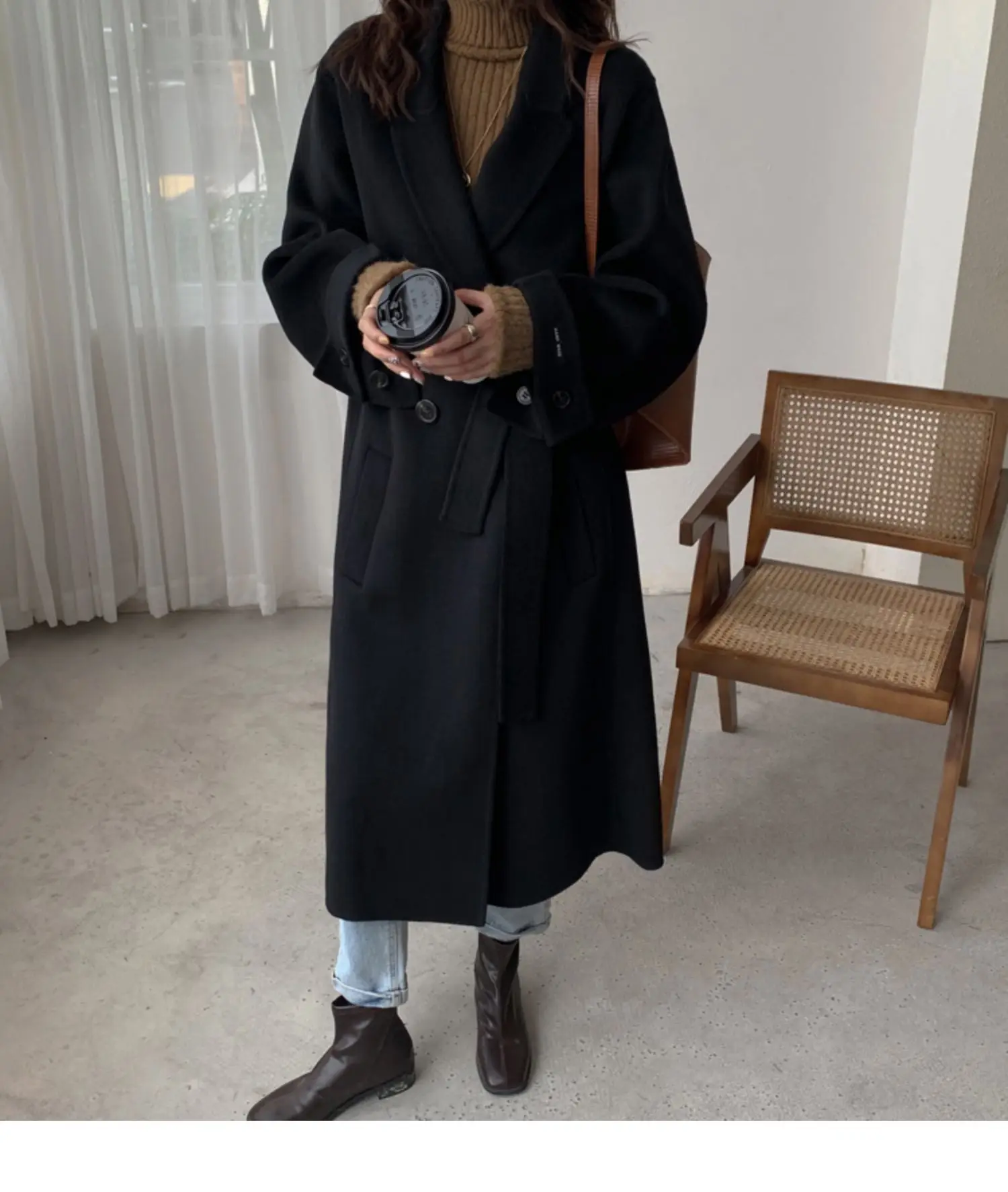 Women Overcoat Outwear Coat Korean Winter Long Loose Cardigans Lace Up Full Sleeve Manteau Femme