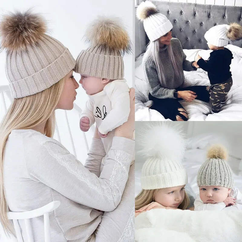Родитель-Детские шапочки с помпоном теплый мех енота Bobble Mommy Beanie шапки Дети хлопок вязаный мама детская зимняя шапка шапки