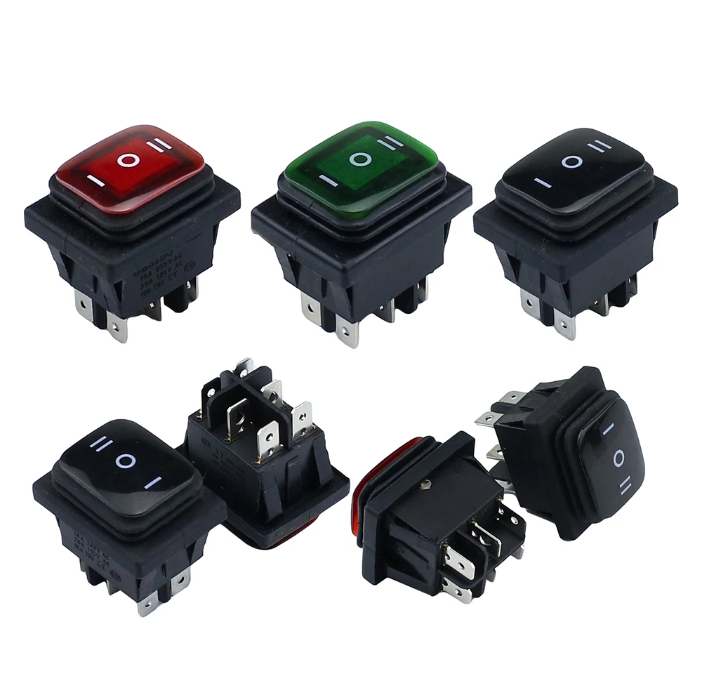 

KCD4 Heavy Duty 16A 250VAC Waterproof Rocker Switch 6pin DPDT ON OFF ON Red Green LED Light Rocker Switch