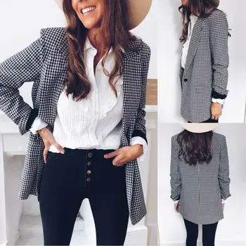 

Women Black White Plaid Print Long Sleeve Blazer Jacket Outwear Cardigan Coats