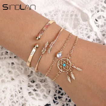 

Sindlan 4PCs Gold Thick Feather Bangles Bracelets Set Boho Dreamcatcher Charm Bracelets for Women Wrist Bracelets Femme Jewelry