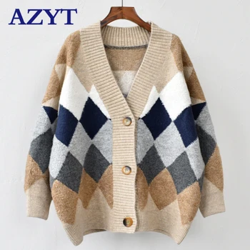 

AZYT Women Spring New Sweater Cardigans Loose Style Oversized Knit Overcoat Outerwear Tops V neck Geometric Warm Poncho Jumpers