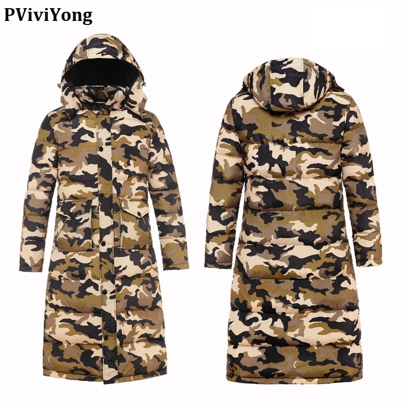 PViviYong зимняя высококачественная мужская куртка с капюшоном на белом утином пуху, модная удлиненная парка, мужское пальто, большие размеры, S-4XL 1836 - Цвет: khaki camouflage