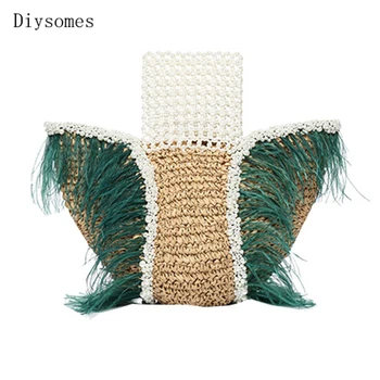 

Diysomes Handmade Peacock Green Ostrich Hair Pearl Natural Grass Weave Bag Summer Beach Bags Holiday Women Straw Woven Handbags