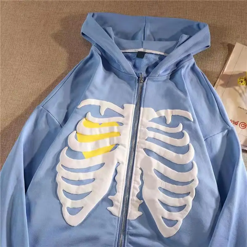 Clothes Skeleton Printing Hoodie Anime Men Women Long-sleeve Zipper Hoodie Jacket Loose Streetwear Kpop Clothes Oversized