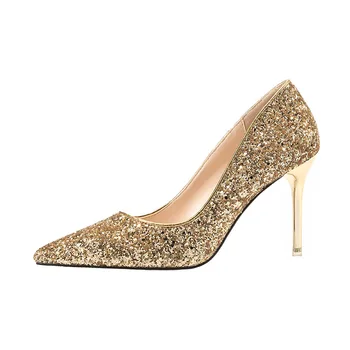 

QSR 9CM PUMPS sexy pointed high heels sequined women's shoes stiletto wedding shoes bridesmaid dinner women's shoes