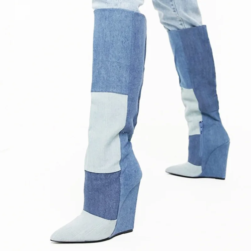 Newest Women Wedge Heels Blue Denim 