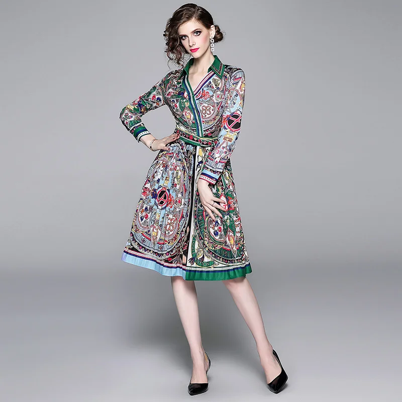 Женский европейский и американский бренд высокого класса на заказ bump цветной печати v-образным вырезом с длинным рукавом талии плиссированное платье