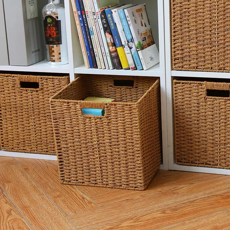 Rattan Storage Baskets Box With Handle Toy Sundries Stackable Container Clothes Underwear Handmade Organizer Basket Drawer Case 3