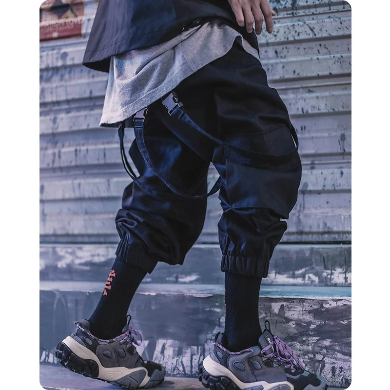 Men's clothes Multi war zone functional wind legged pants large pocket casual Ribbon Harajuku fashion Overalls Street dress 2