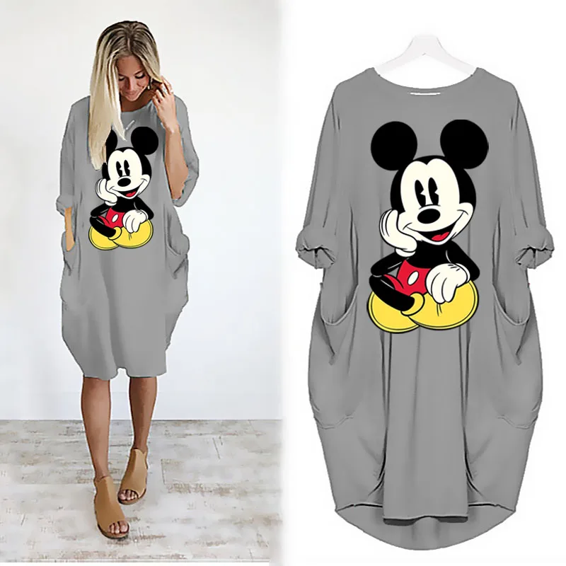Disney Plus Size Midi Dress Long Sleeve Robe Casual Minnie Mickey Mouse Print Beach Loose Dresses Kawaii Sundress Women Clothing
